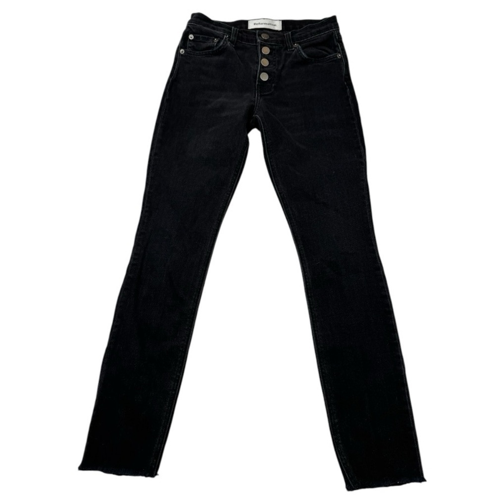 Reformation Stretch Button Fly Raw Hem Fringe Jeans Argentine Size 23 Black